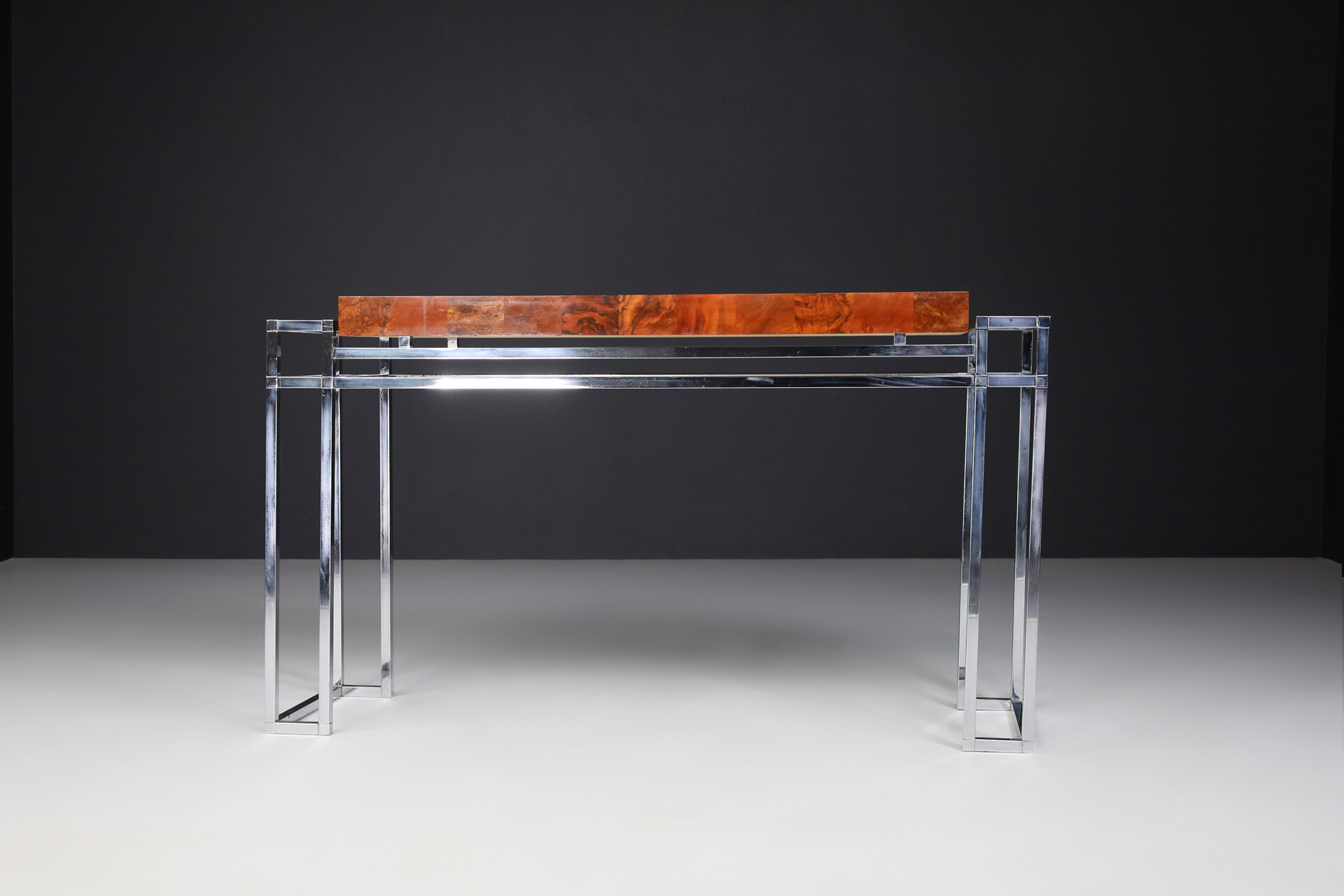 Mid century modern Burl and chrome console table by Willy Rizzo Italy 1970s Late-20th century