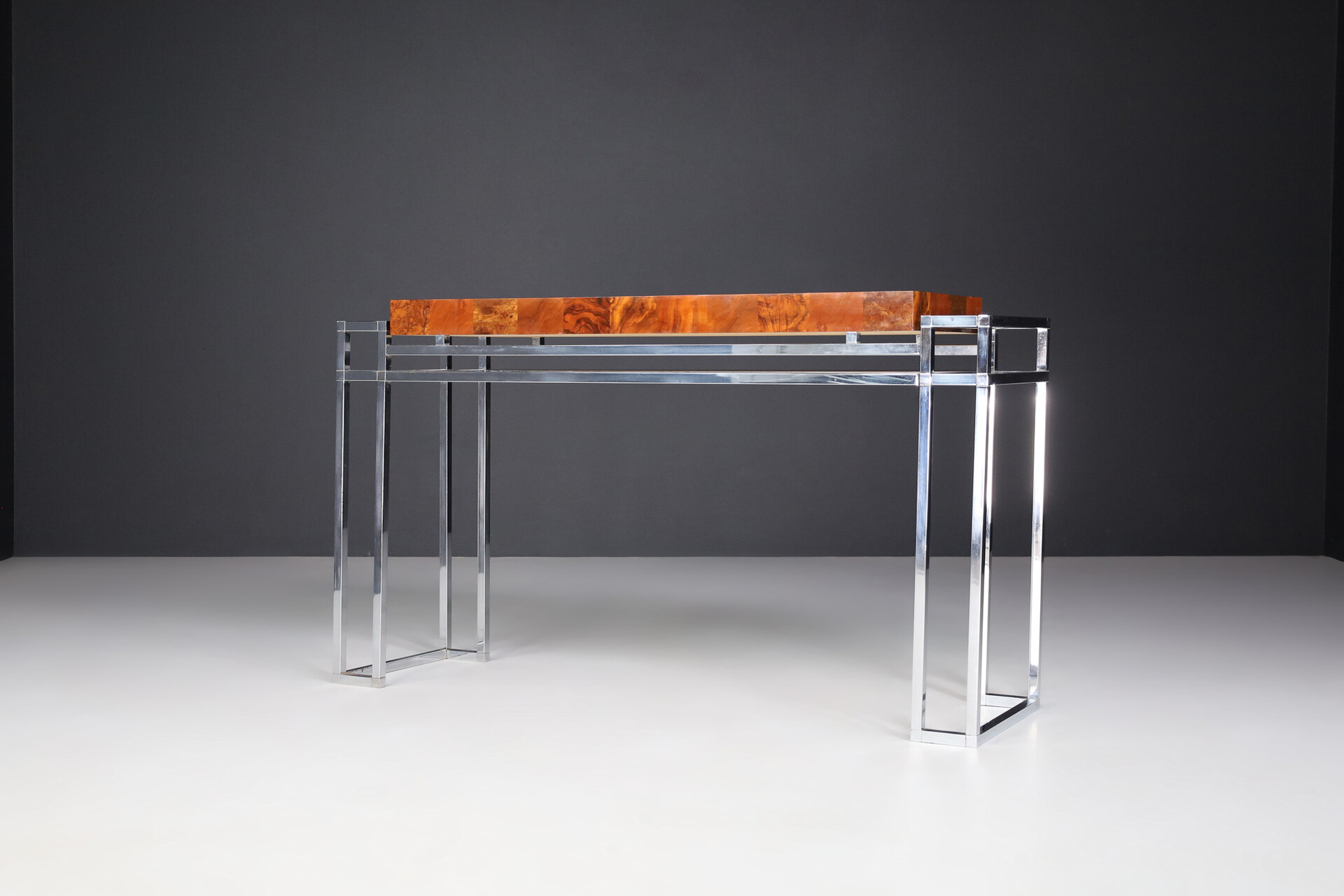 Mid century modern Burl and chrome console table by Willy Rizzo Italy 1970s Late-20th century