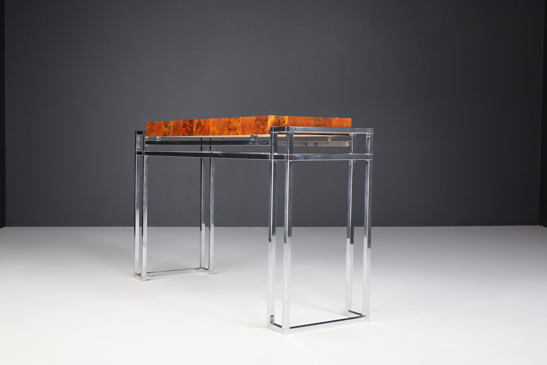 Mid century modern Burl and chrome console table by Willy Rizzo Italy 1970s Late-20th century