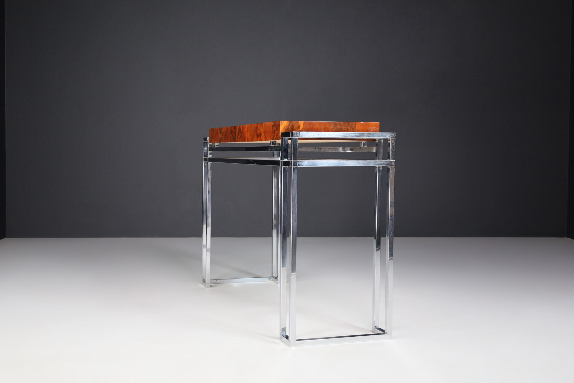 Mid century modern Burl and chrome console table by Willy Rizzo Italy 1970s Late-20th century