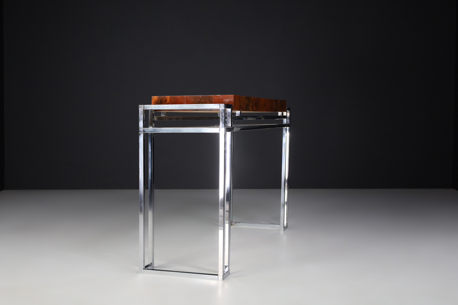 Mid century modern Burl and chrome console table by Willy Rizzo Italy 1970s Late-20th century