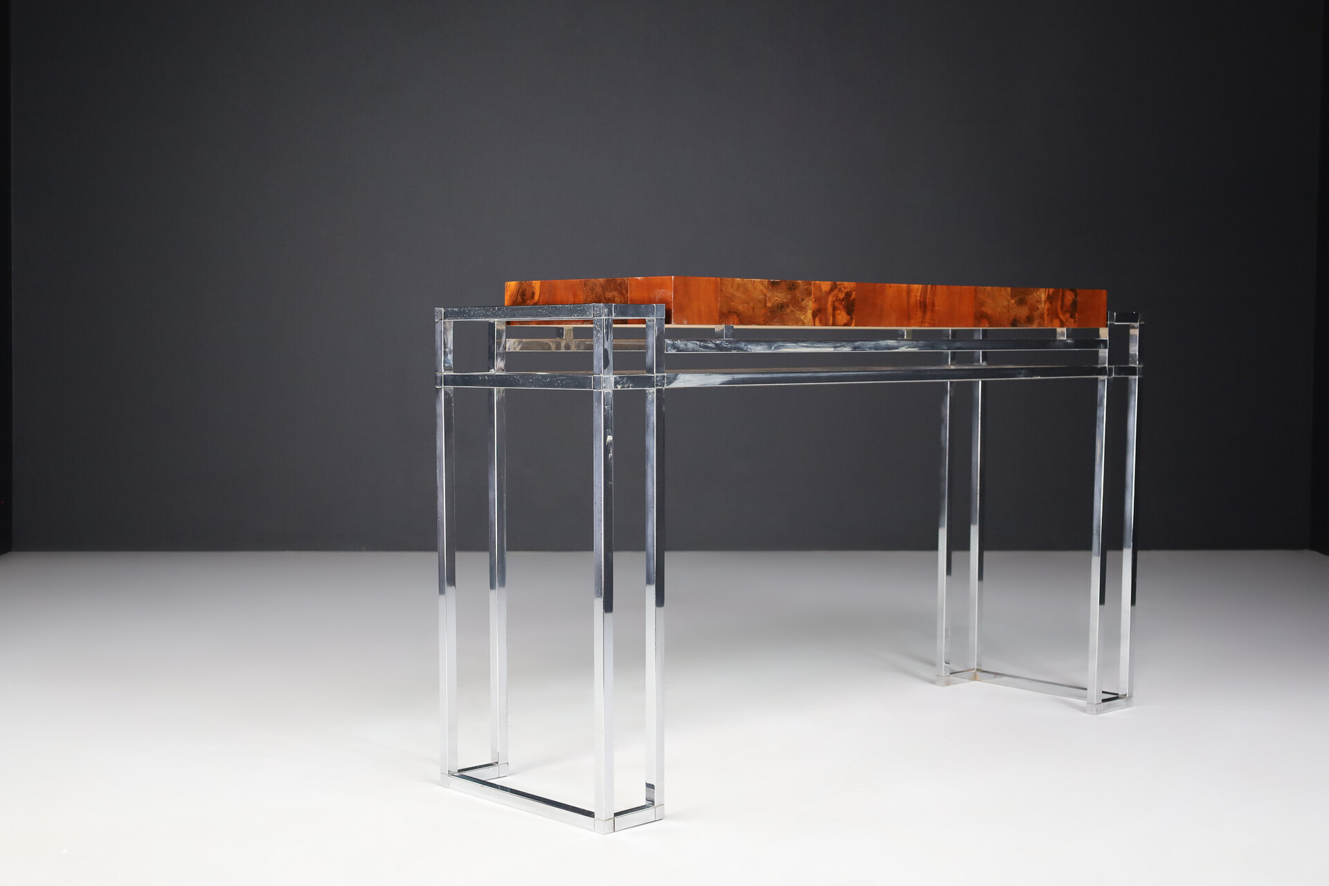 Mid century modern Burl and chrome console table by Willy Rizzo Italy 1970s Late-20th century