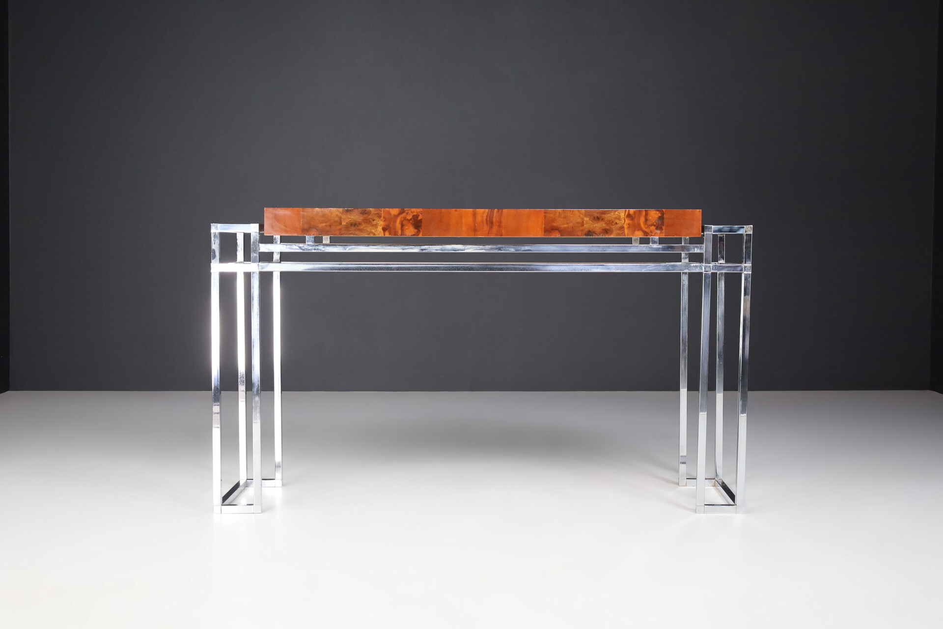Mid century modern Burl and chrome console table by Willy Rizzo Italy 1970s Late-20th century
