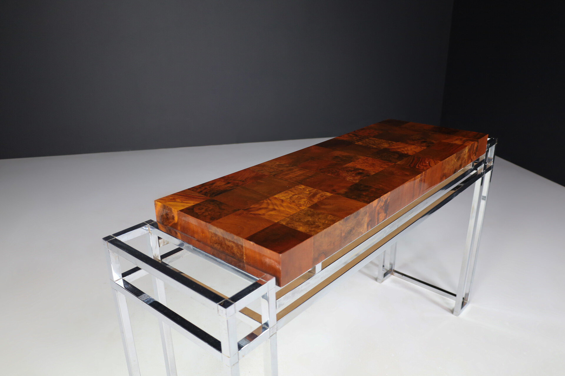 Mid century modern Burl and chrome console table by Willy Rizzo Italy 1970s Late-20th century