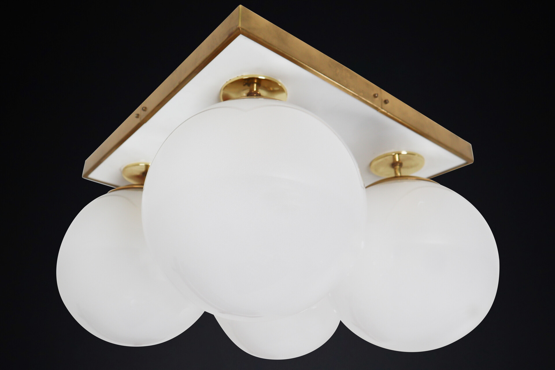 Mid century modern Ceiling lights with Four Pearl White Glass Globes ,1970s Mid-20th century