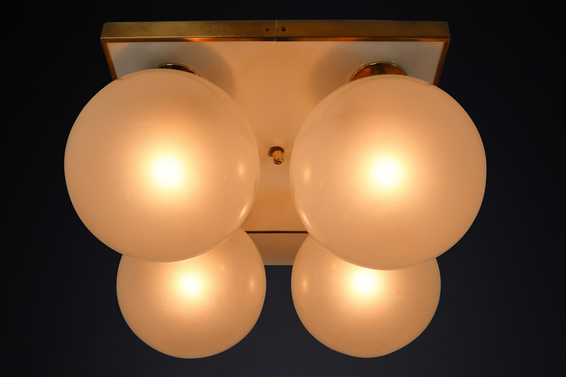 Mid century modern Ceiling lights with Four Pearl White Glass Globes ,1970s Mid-20th century
