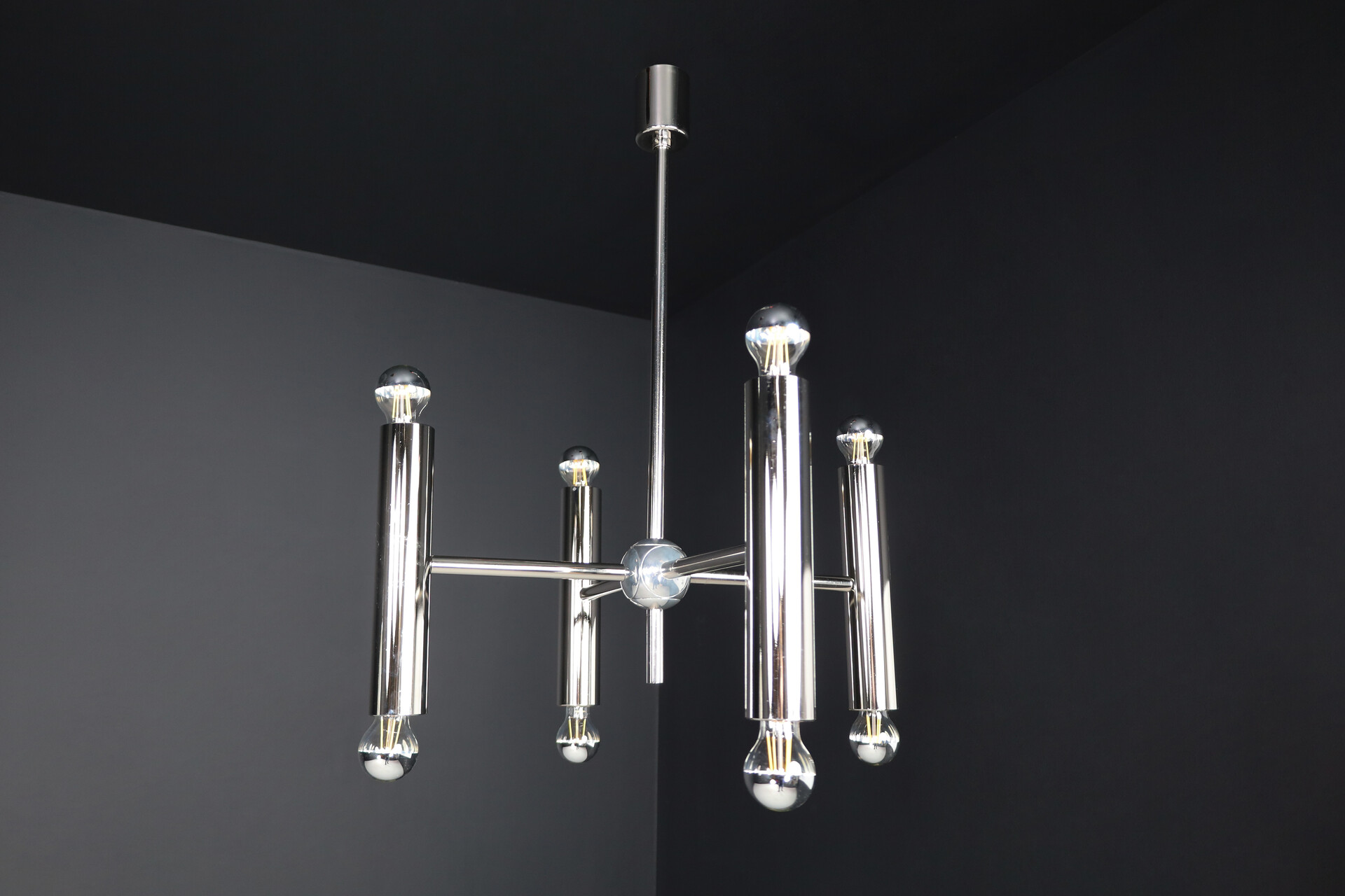 Mid century modern Chandelier in polished steel with Eight lights, Germany 1960 Mid-20th century