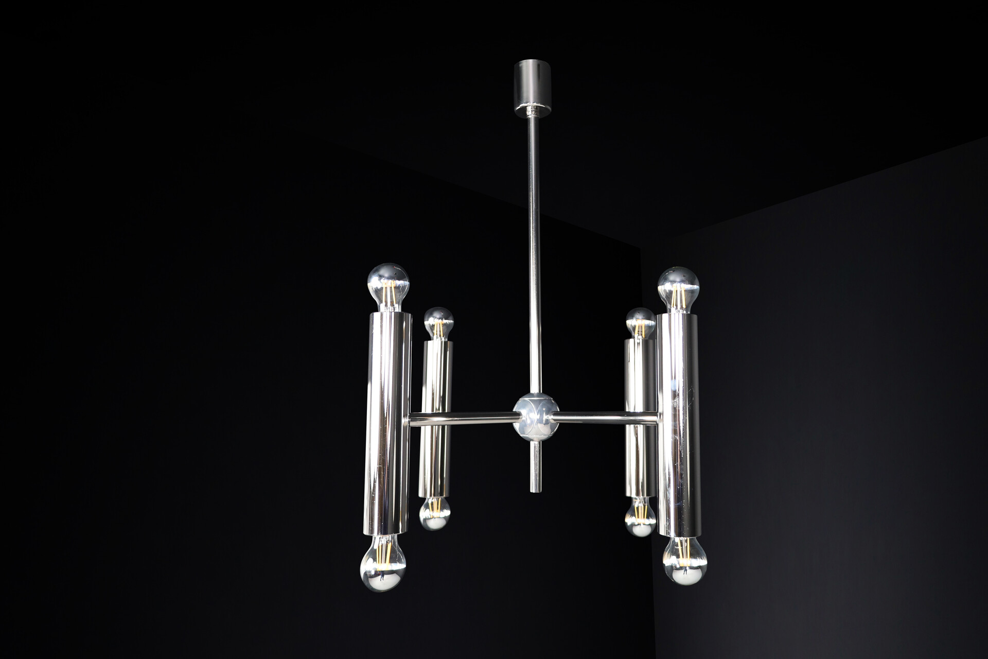 Mid century modern Chandelier in polished steel with Eight lights, Germany 1960 Mid-20th century