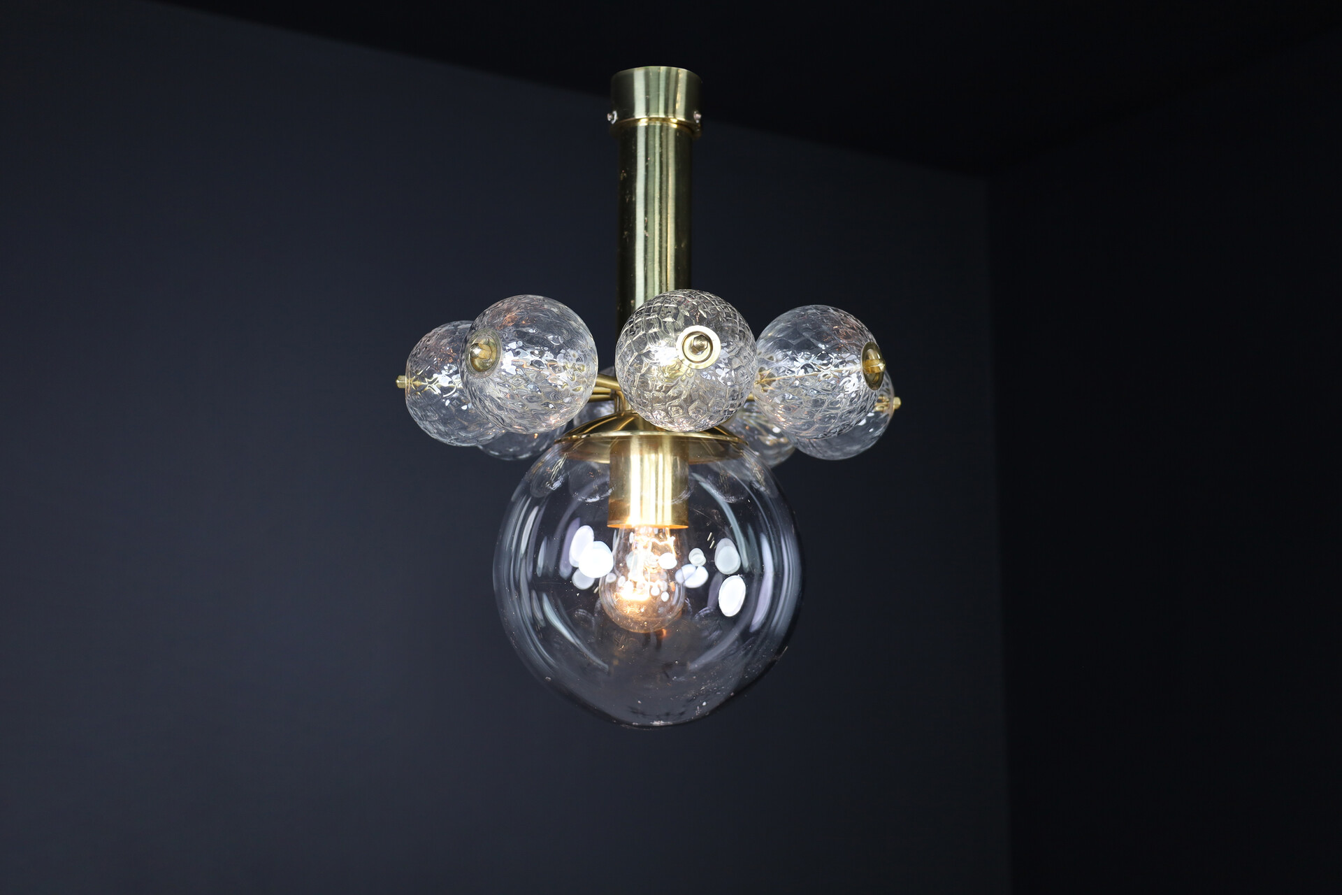 Mid century modern Chandeliers with Brass Fixture and hand-blowed glass globe Mid-20th century
