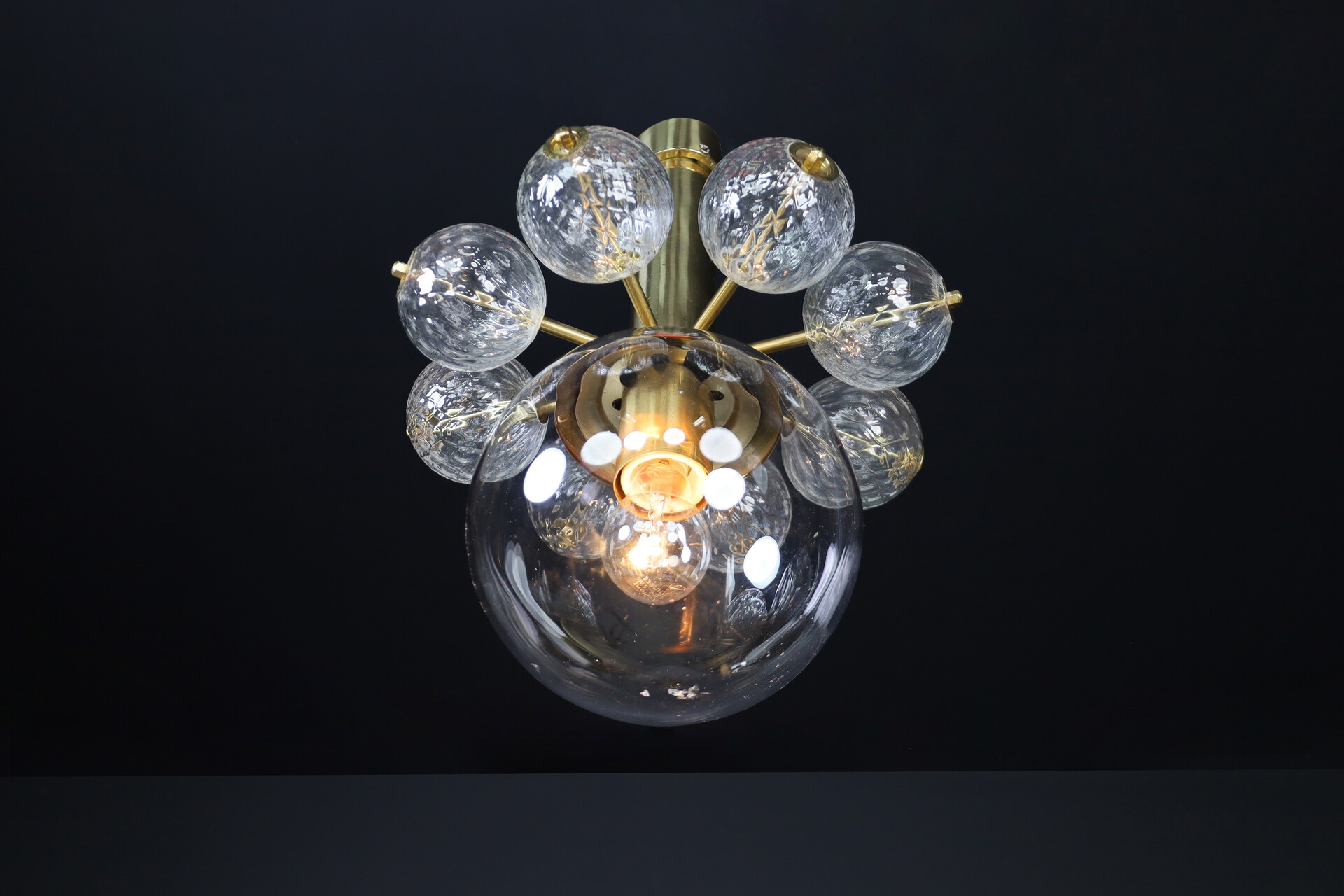 Mid century modern Chandeliers with Brass Fixture and hand-blowed glass globe Mid-20th century
