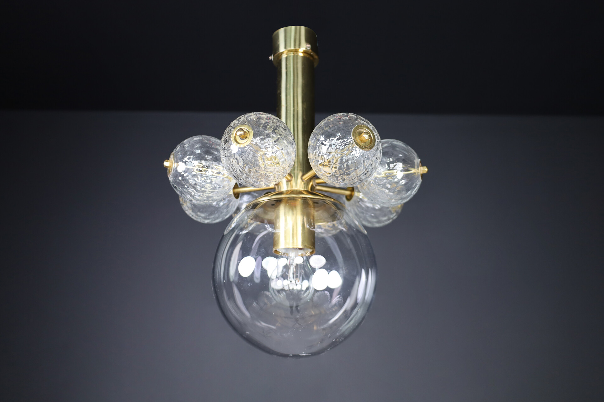 Mid century modern Chandeliers with Brass Fixture and hand-blowed glass globe Mid-20th century