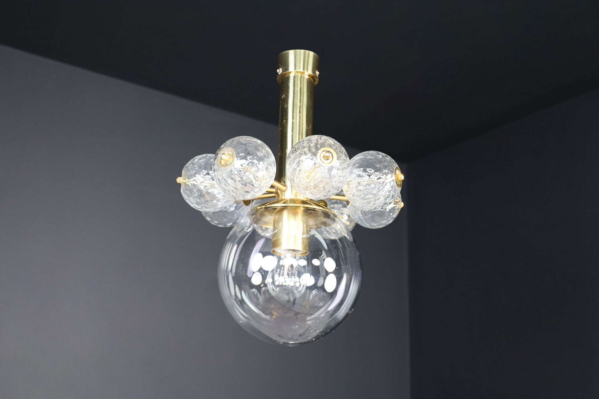 Mid century modern Chandeliers with Brass Fixture and hand-blowed glass globe Mid-20th century