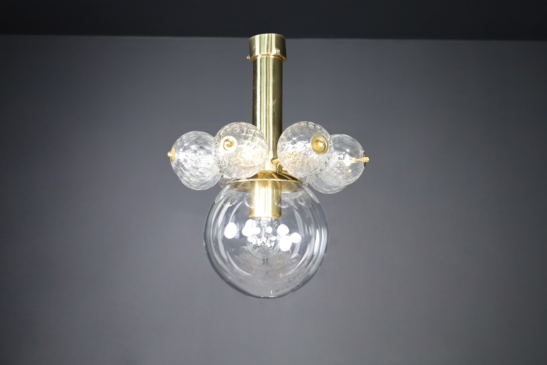 Mid century modern Chandeliers with Brass Fixture and hand-blowed glass globe Mid-20th century