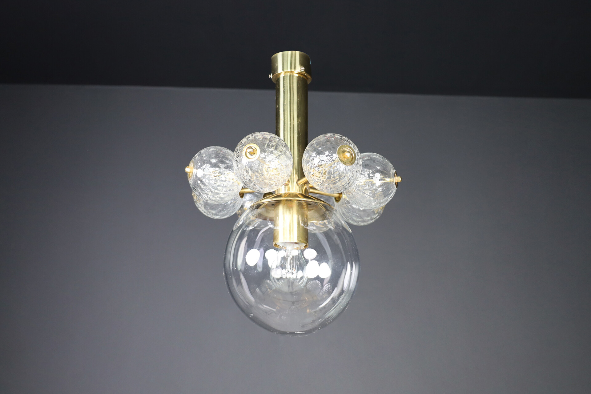 Mid century modern Chandeliers with Brass Fixture and hand-blowed glass globe Mid-20th century