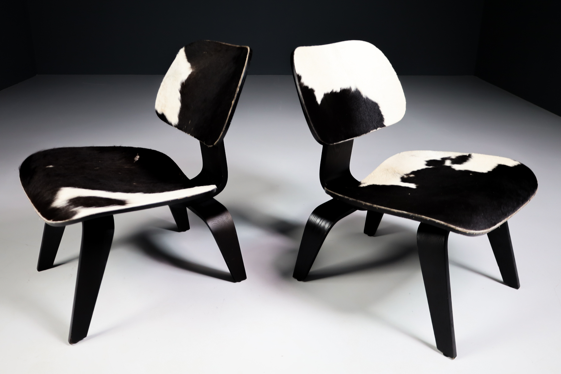 Mid century modern Charles & Ray Eames Design LCW Lounge Chair with black and withe cowhide Late-20th century