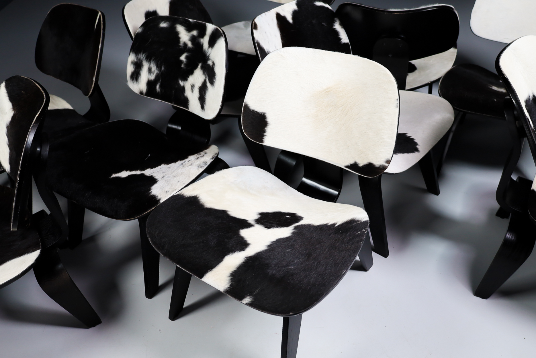 Mid century modern Charles & Ray Eames Design LCW Lounge Chair with black and withe cowhide Late-20th century