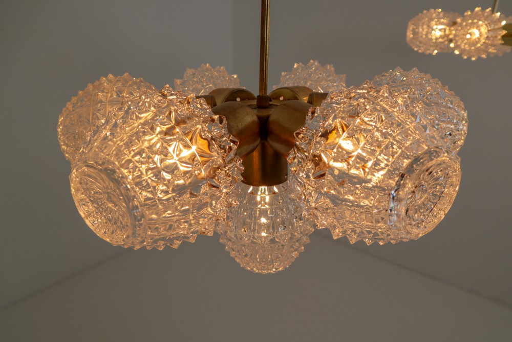 Mid century modern Cristal Glass Chandeliers with Brass Germany 1970s Mid-20th century