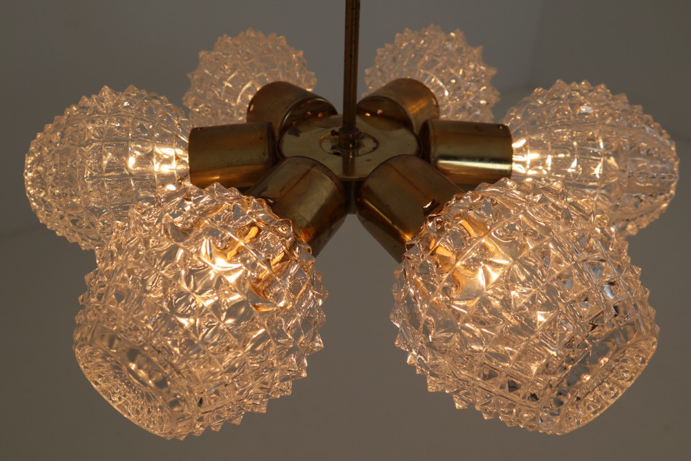 Mid century modern Cristal Glass Chandeliers with Brass Germany 1970s Mid-20th century