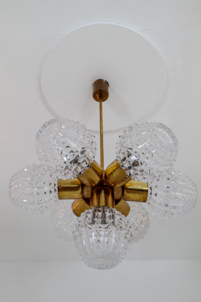 Mid century modern Cristal Glass Chandeliers with Brass Germany 1970s Mid-20th century