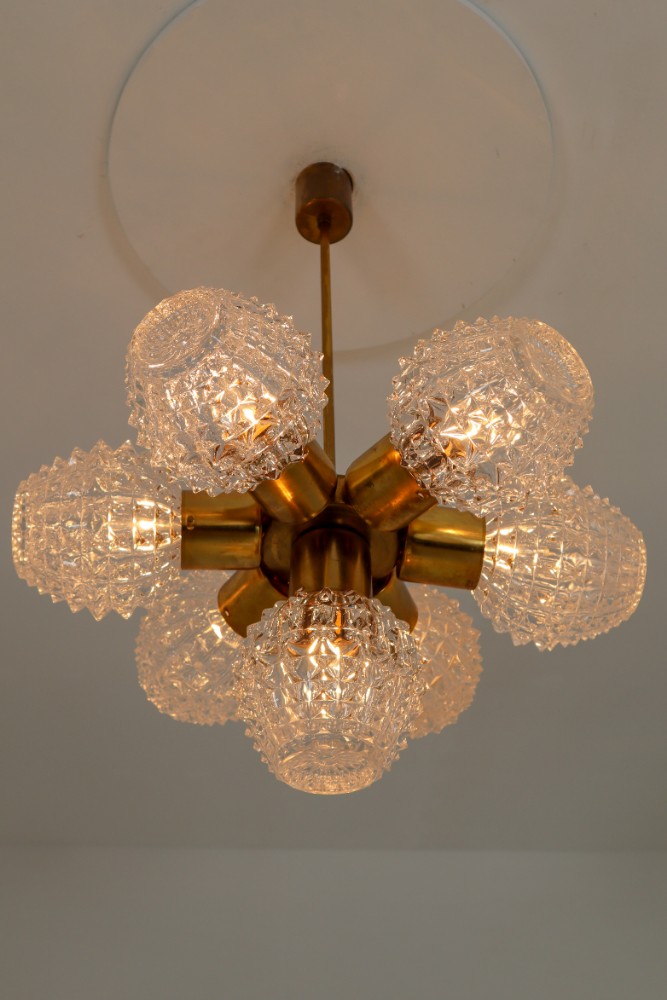 Mid century modern Cristal Glass Chandeliers with Brass Germany 1970s Mid-20th century