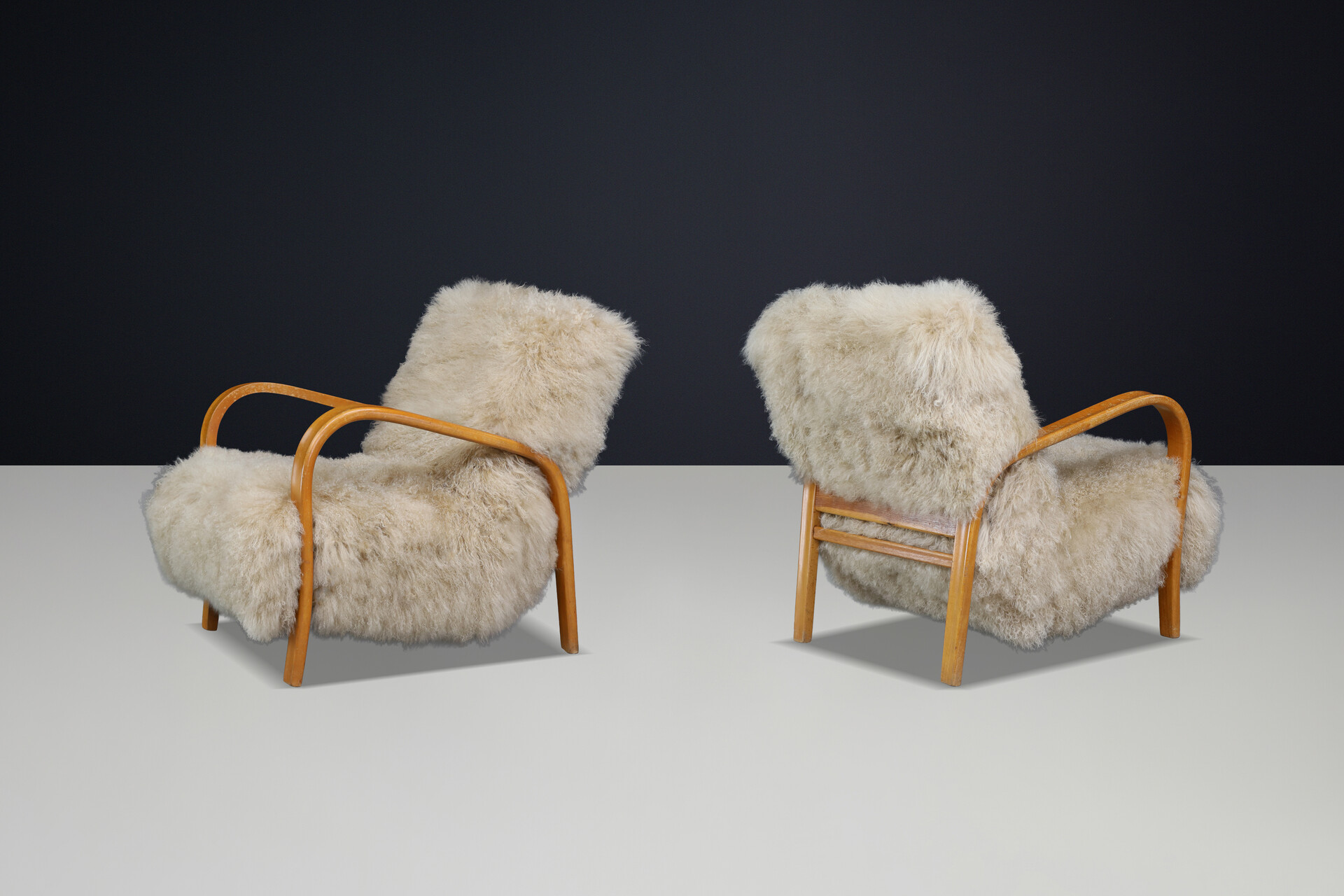 Mid century modern Czech Mid Century Bentwood Lounge Chairs, Blond Beech, Tibetan Sheepskin 1940s Mid-20th century