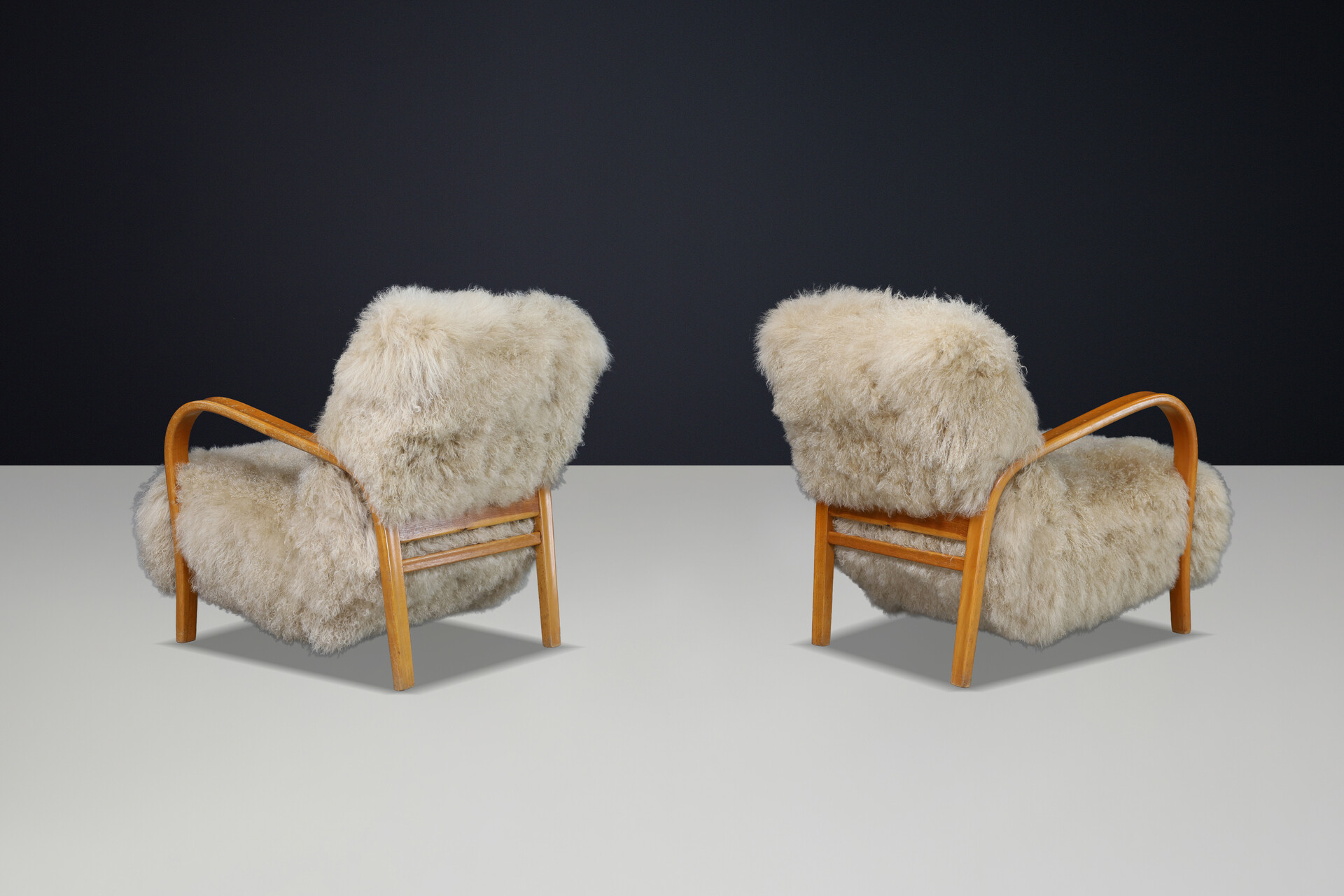 Mid century modern Czech Mid Century Bentwood Lounge Chairs, Blond Beech, Tibetan Sheepskin 1940s Mid-20th century
