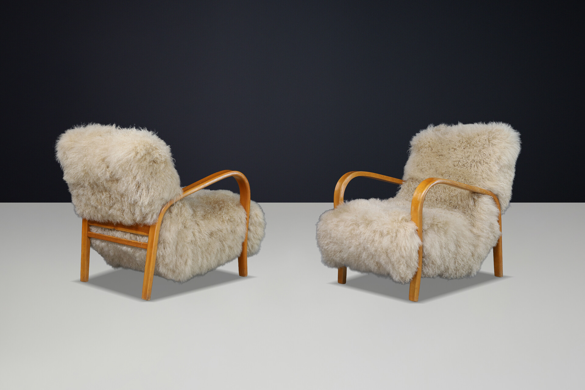 Mid century modern Czech Mid Century Bentwood Lounge Chairs, Blond Beech, Tibetan Sheepskin 1940s Mid-20th century