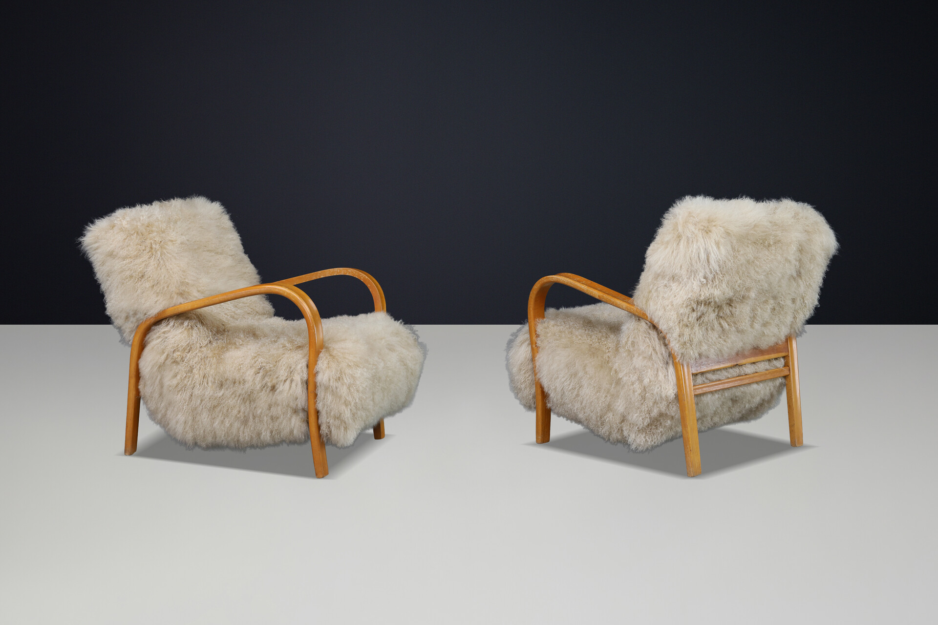 Mid century modern Czech Mid Century Bentwood Lounge Chairs, Blond Beech, Tibetan Sheepskin 1940s Mid-20th century
