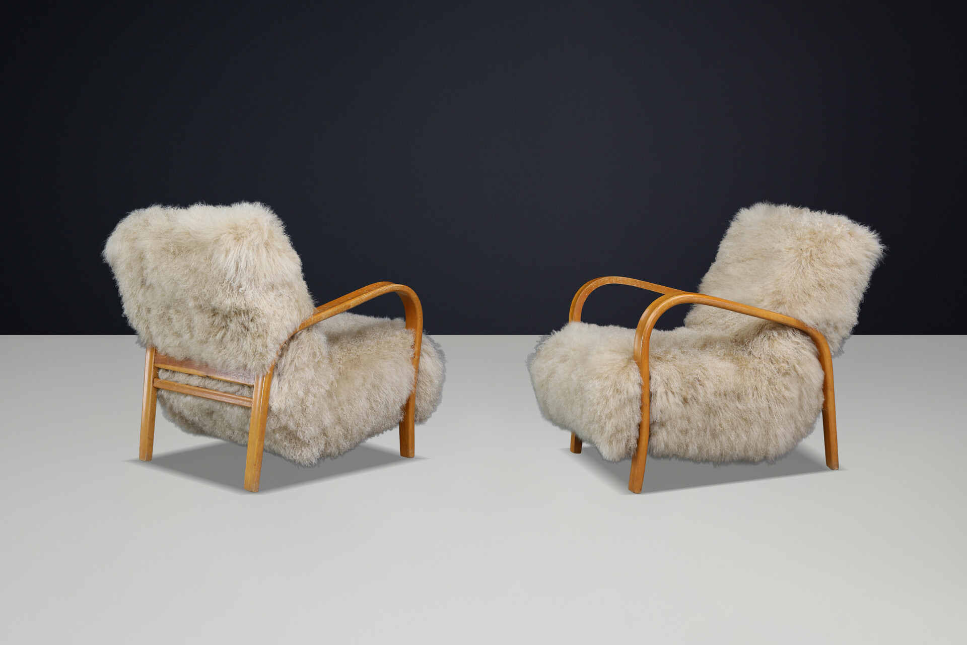 Mid century modern Czech Mid Century Bentwood Lounge Chairs, Blond Beech, Tibetan Sheepskin 1940s Mid-20th century