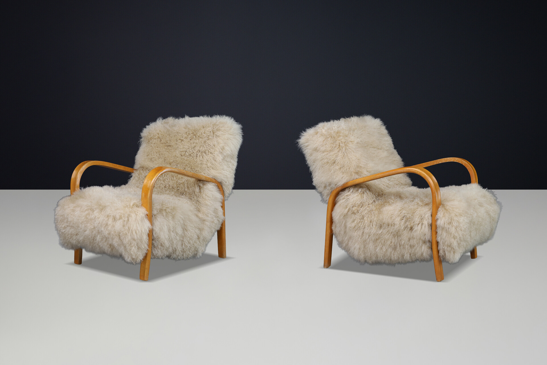 Mid century modern Czech Mid Century Bentwood Lounge Chairs, Blond Beech, Tibetan Sheepskin 1940s Mid-20th century