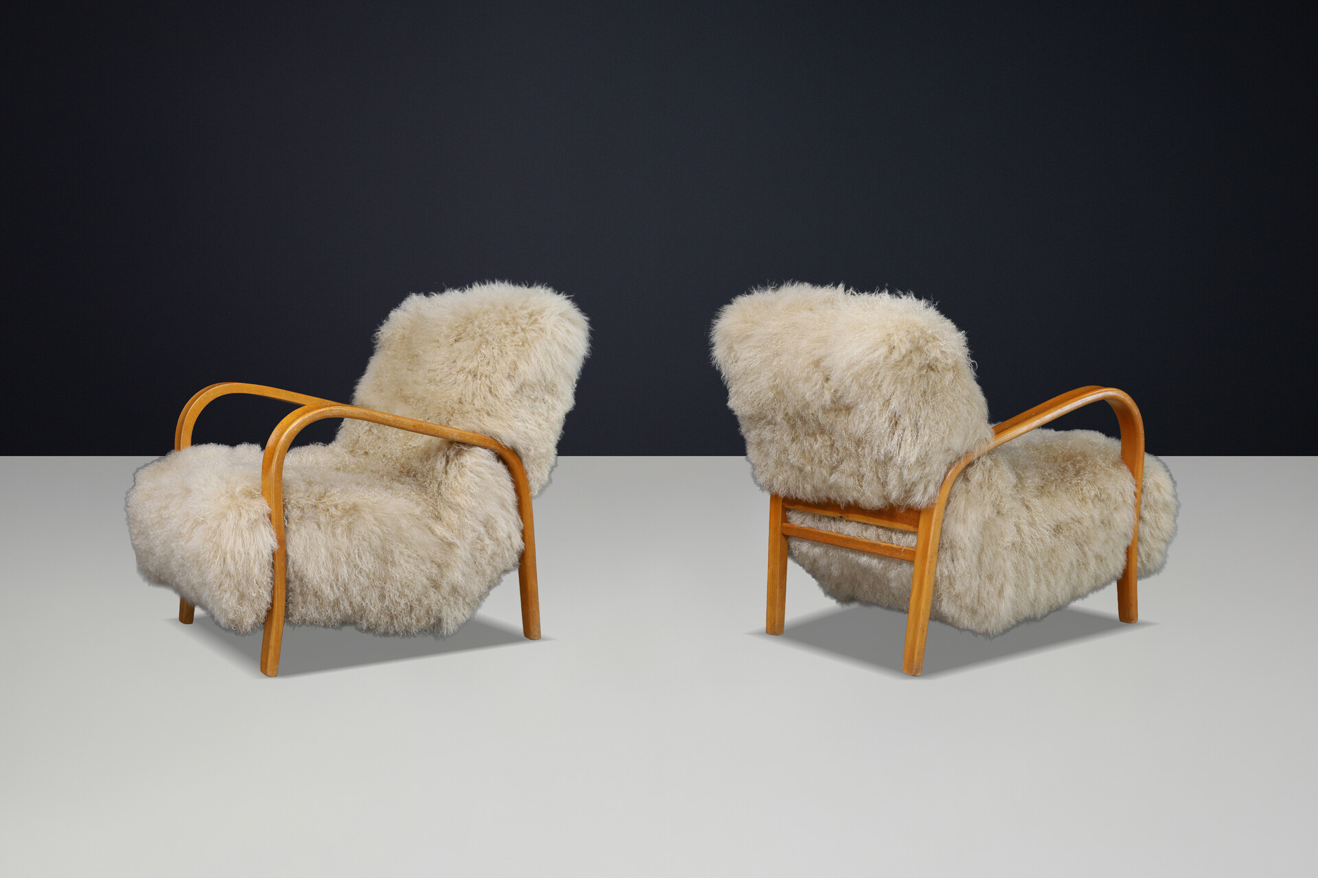 Mid century modern Czech Mid Century Bentwood Lounge Chairs, Blond Beech, Tibetan Sheepskin 1940s Mid-20th century