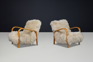 Mid century modern Czech Mid Century Bentwood Lounge Chairs, Blond Beech, Tibetan Sheepskin 1940s Mid-20th century