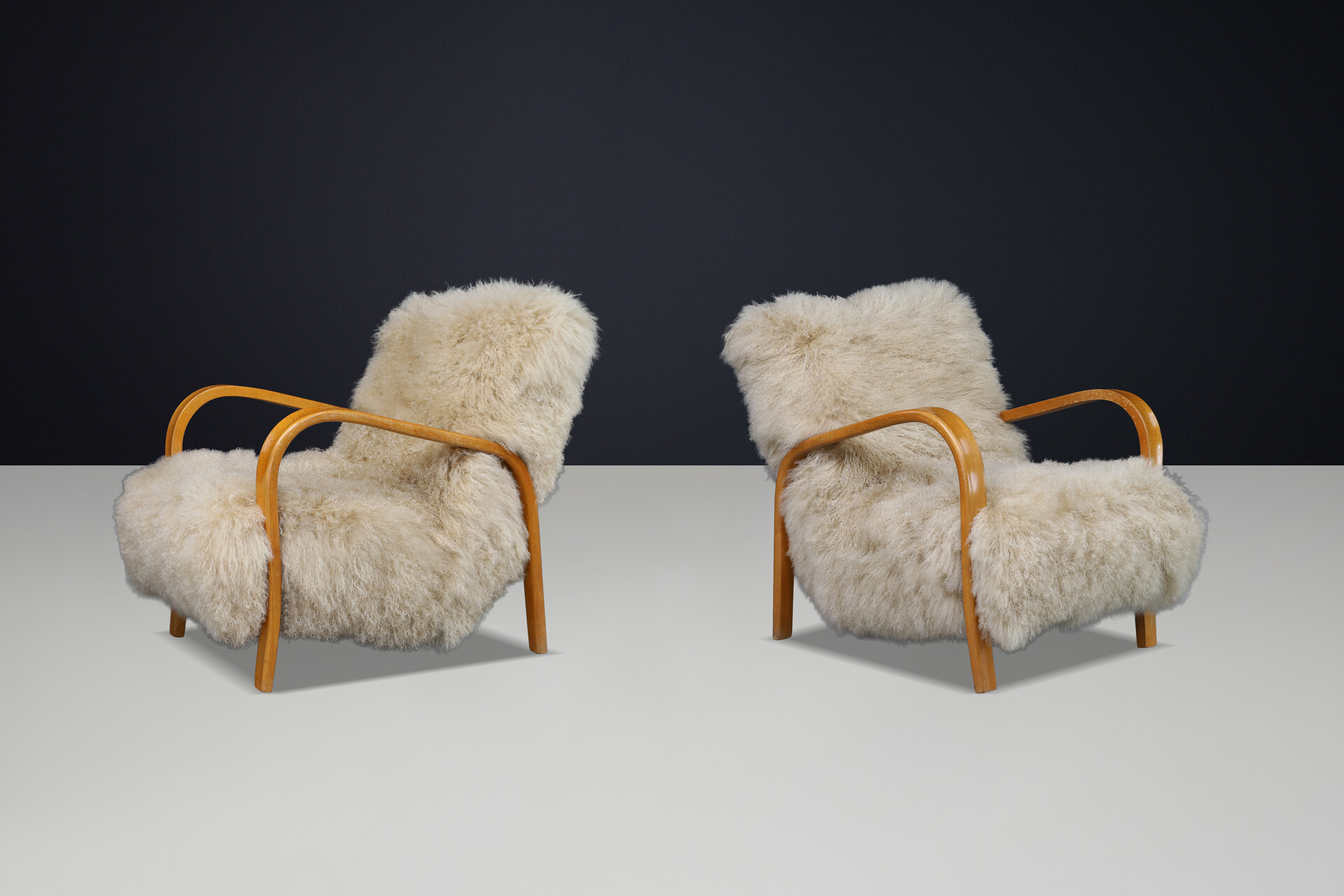Mid century modern Czech Mid Century Bentwood Lounge Chairs, Blond Beech, Tibetan Sheepskin 1940s Mid-20th century