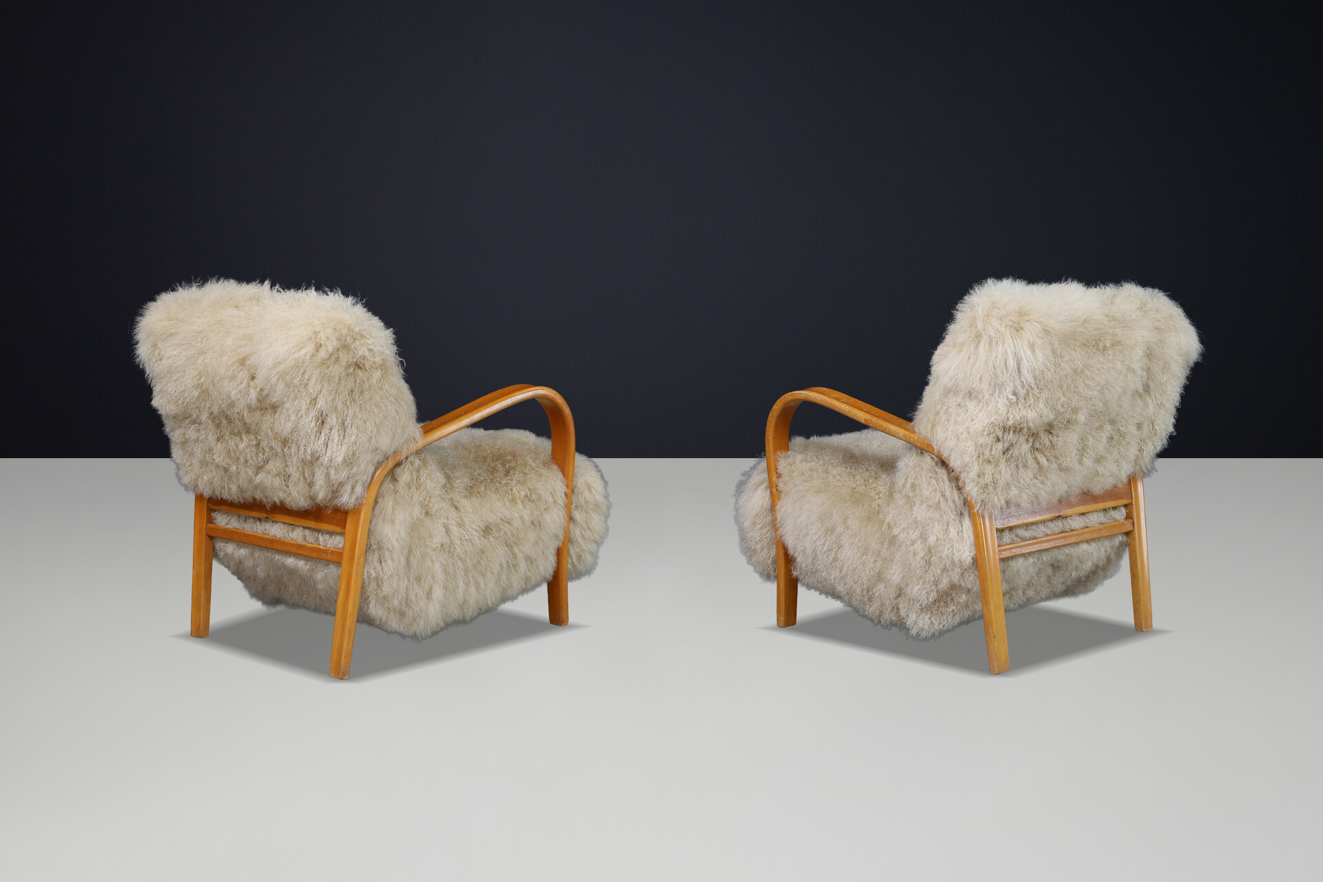 Mid century modern Czech Mid Century Bentwood Lounge Chairs, Blond Beech, Tibetan Sheepskin 1940s Mid-20th century