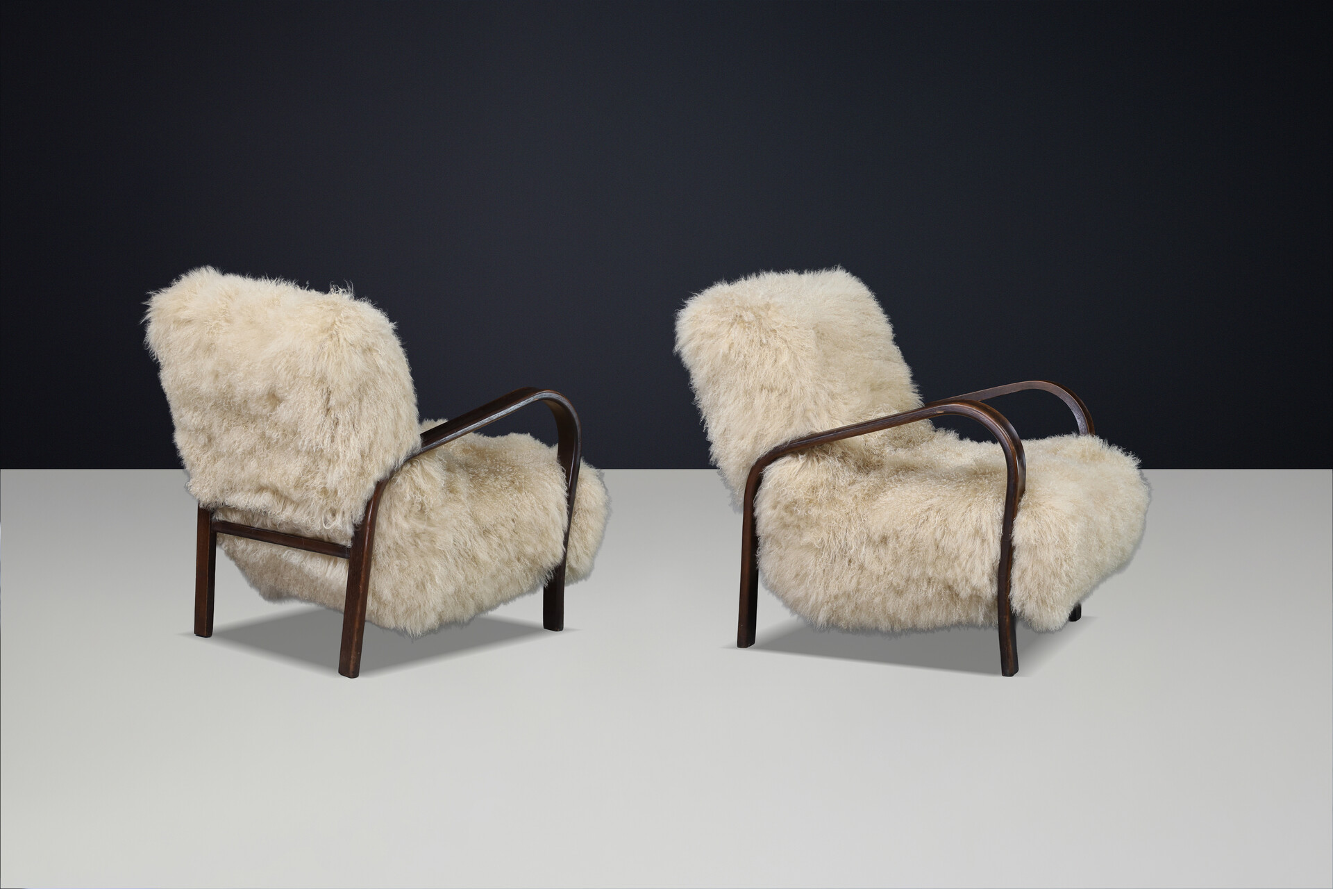 Mid century modern Czech Mid Century Bentwood Lounge Chairs, Dark Beech, Tibetan Sheepskin 1940s Mid-20th century