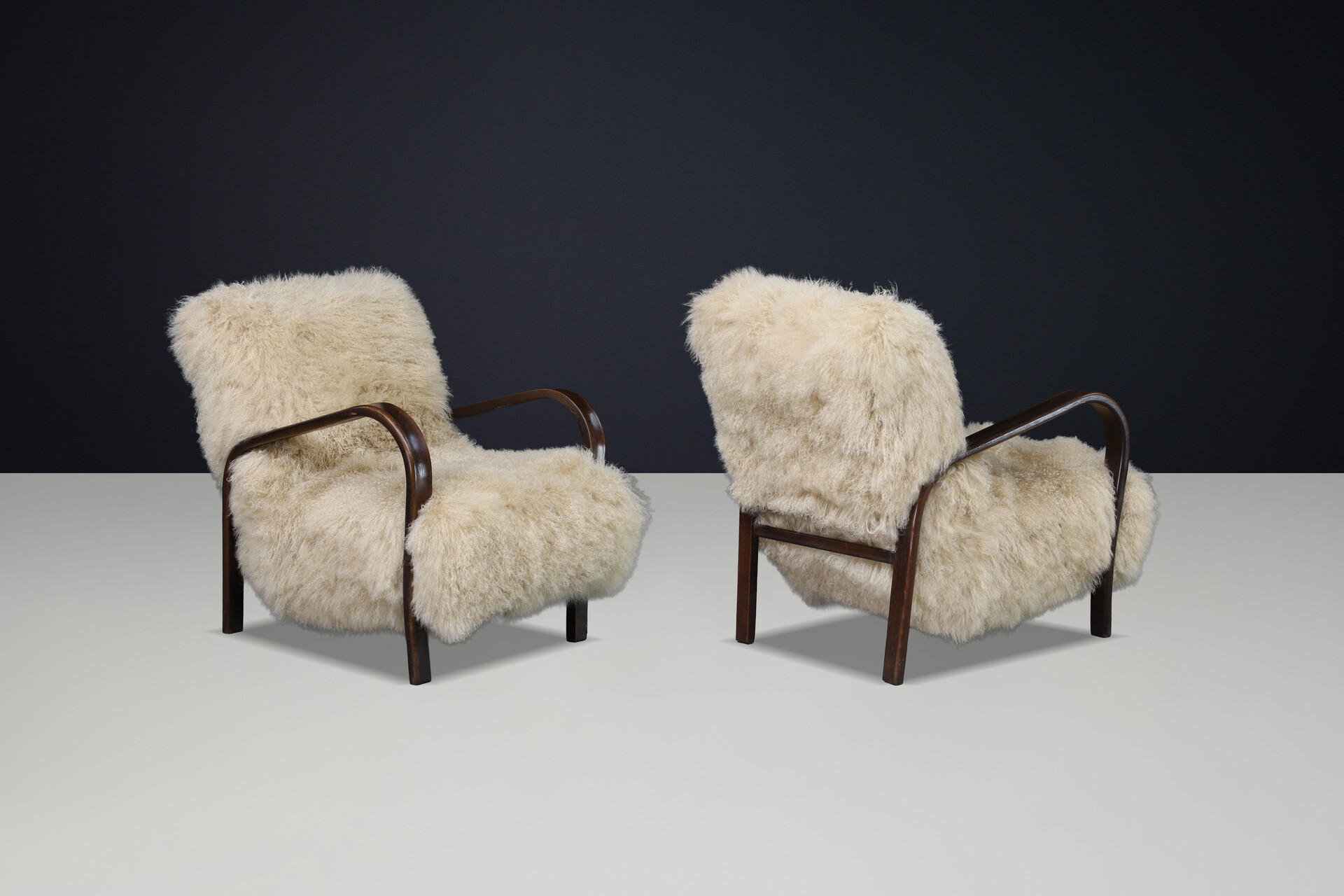 Mid century modern Czech Mid Century Bentwood Lounge Chairs, Dark Beech, Tibetan Sheepskin 1940s Mid-20th century