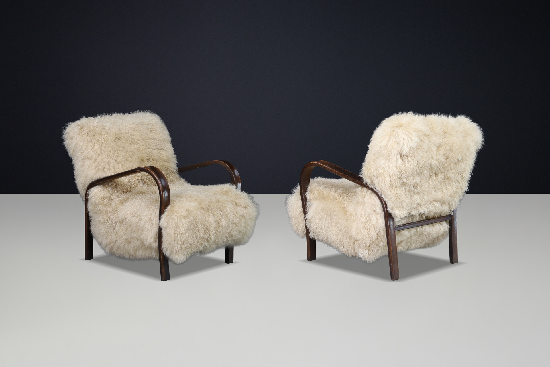 Mid century modern Czech Mid Century Bentwood Lounge Chairs, Dark Beech, Tibetan Sheepskin 1940s Mid-20th century