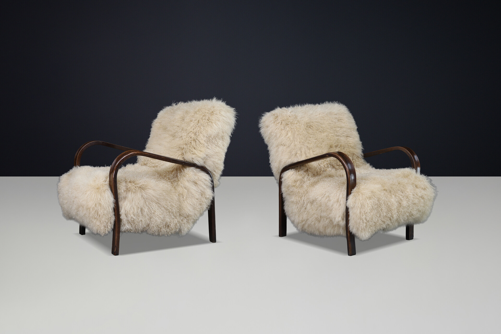 Mid century modern Czech Mid Century Bentwood Lounge Chairs, Dark Beech, Tibetan Sheepskin 1940s Mid-20th century