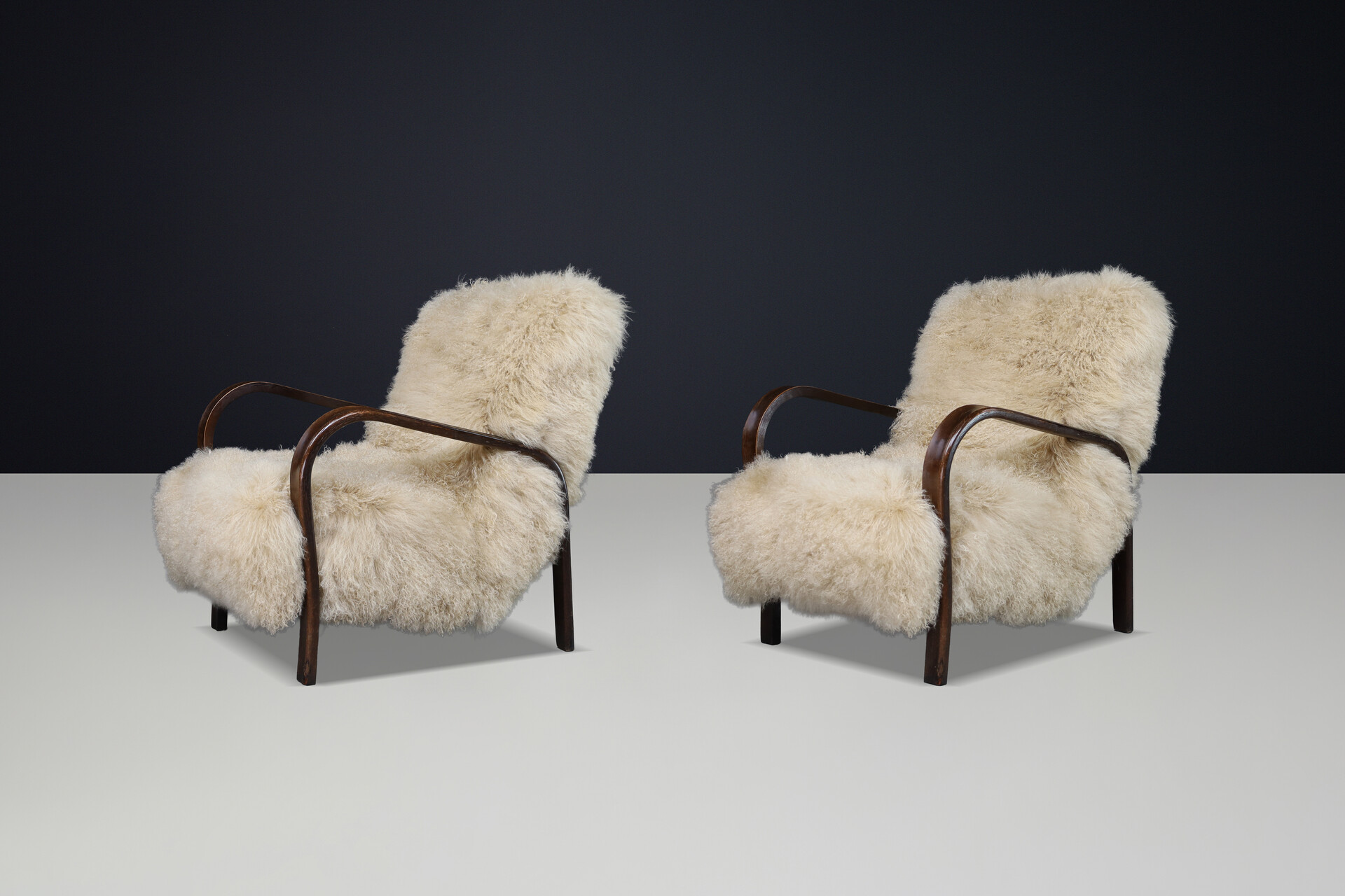 Mid century modern Czech Mid Century Bentwood Lounge Chairs, Dark Beech, Tibetan Sheepskin 1940s Mid-20th century