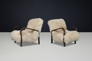 Mid century modern Czech Mid Century Bentwood Lounge Chairs, Dark Beech, Tibetan Sheepskin 1940s Mid-20th century