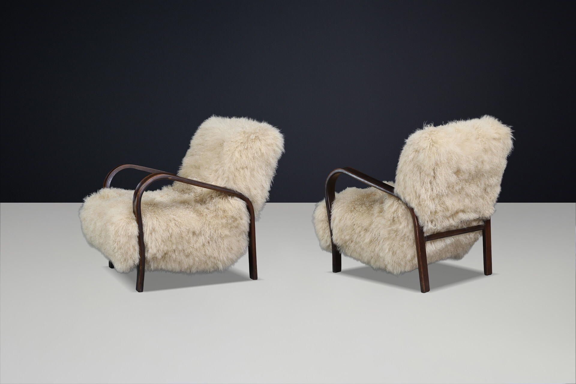 Mid century modern Czech Mid Century Bentwood Lounge Chairs, Dark Beech, Tibetan Sheepskin 1940s Mid-20th century