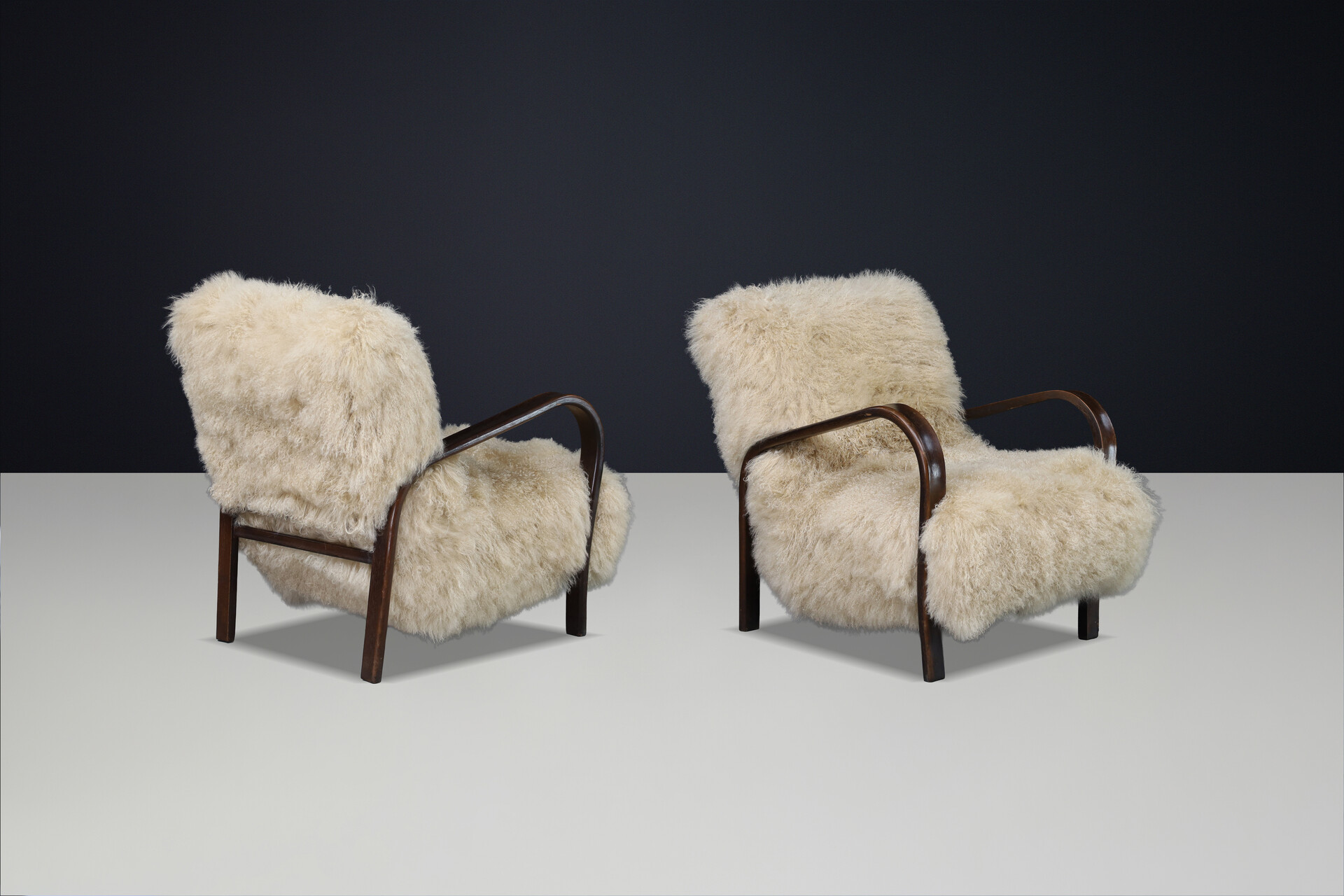 Mid century modern Czech Mid Century Bentwood Lounge Chairs, Dark Beech, Tibetan Sheepskin 1940s Mid-20th century