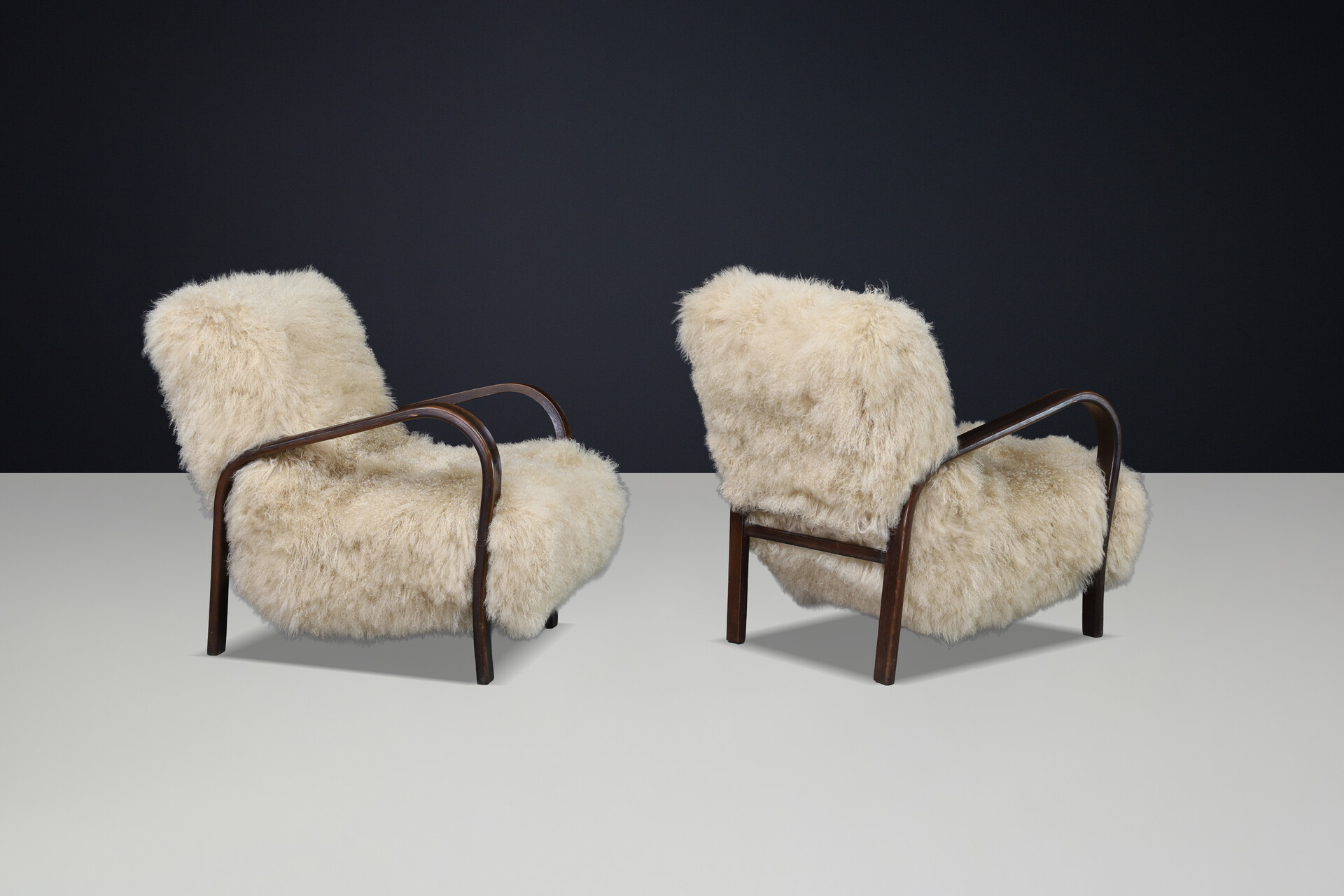Mid century modern Czech Mid Century Bentwood Lounge Chairs, Dark Beech, Tibetan Sheepskin 1940s Mid-20th century