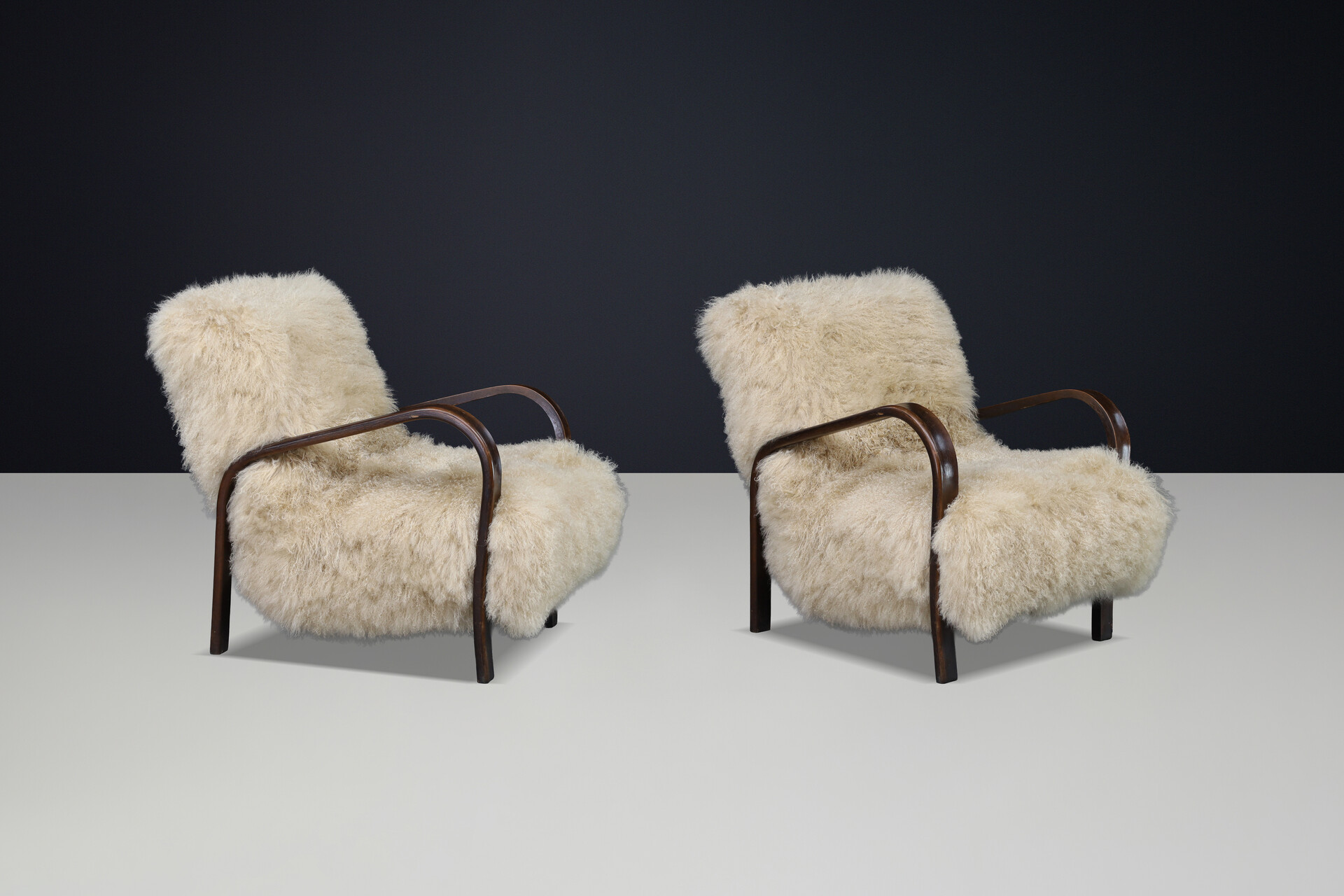 Mid century modern Czech Mid Century Bentwood Lounge Chairs, Dark Beech, Tibetan Sheepskin 1940s Mid-20th century