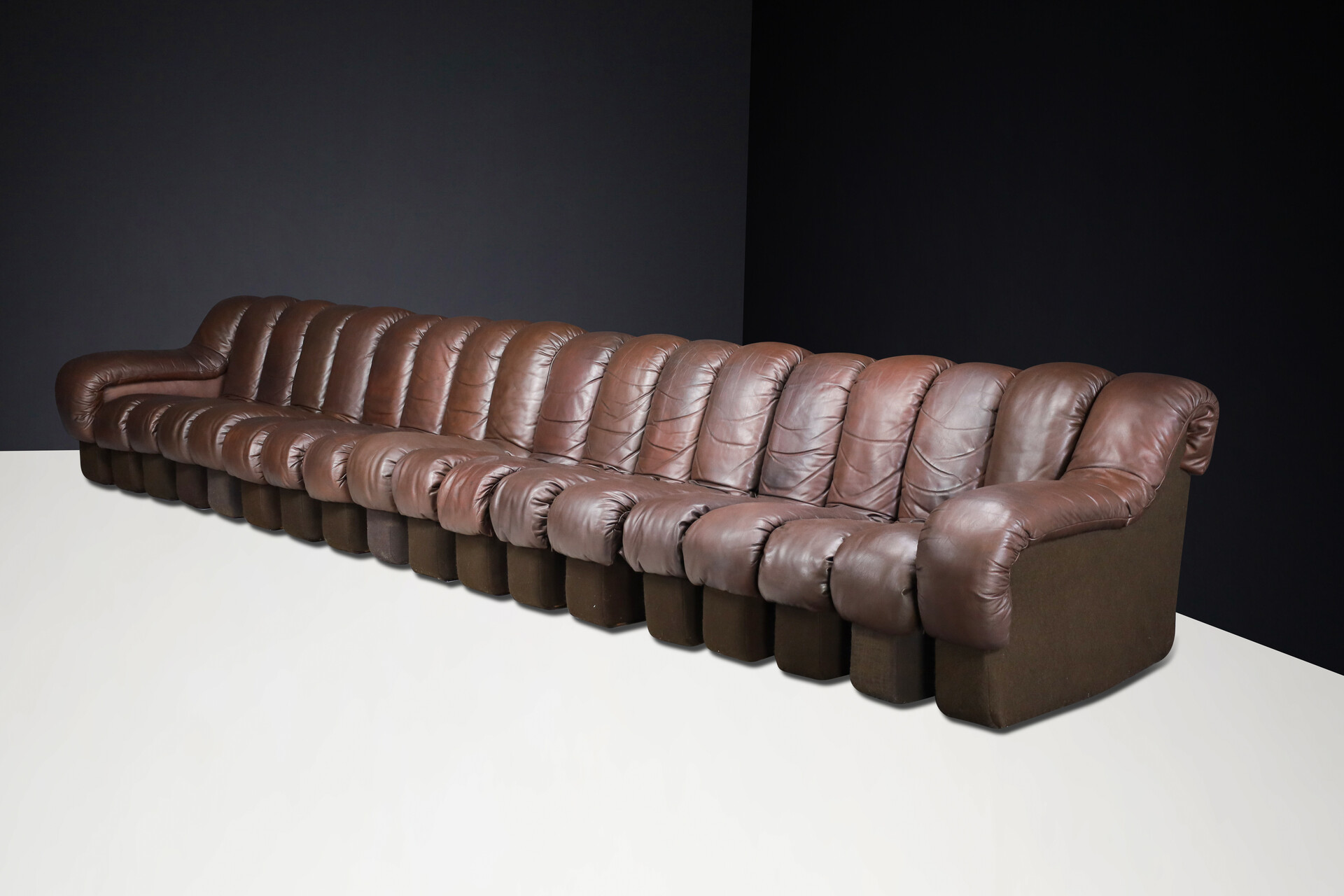 Mid century modern De Sede DS 600 'Snake' Sectional Sofa in Patinated Brown Leather by Ueli Berger Switzerland 1972 Late-20th century