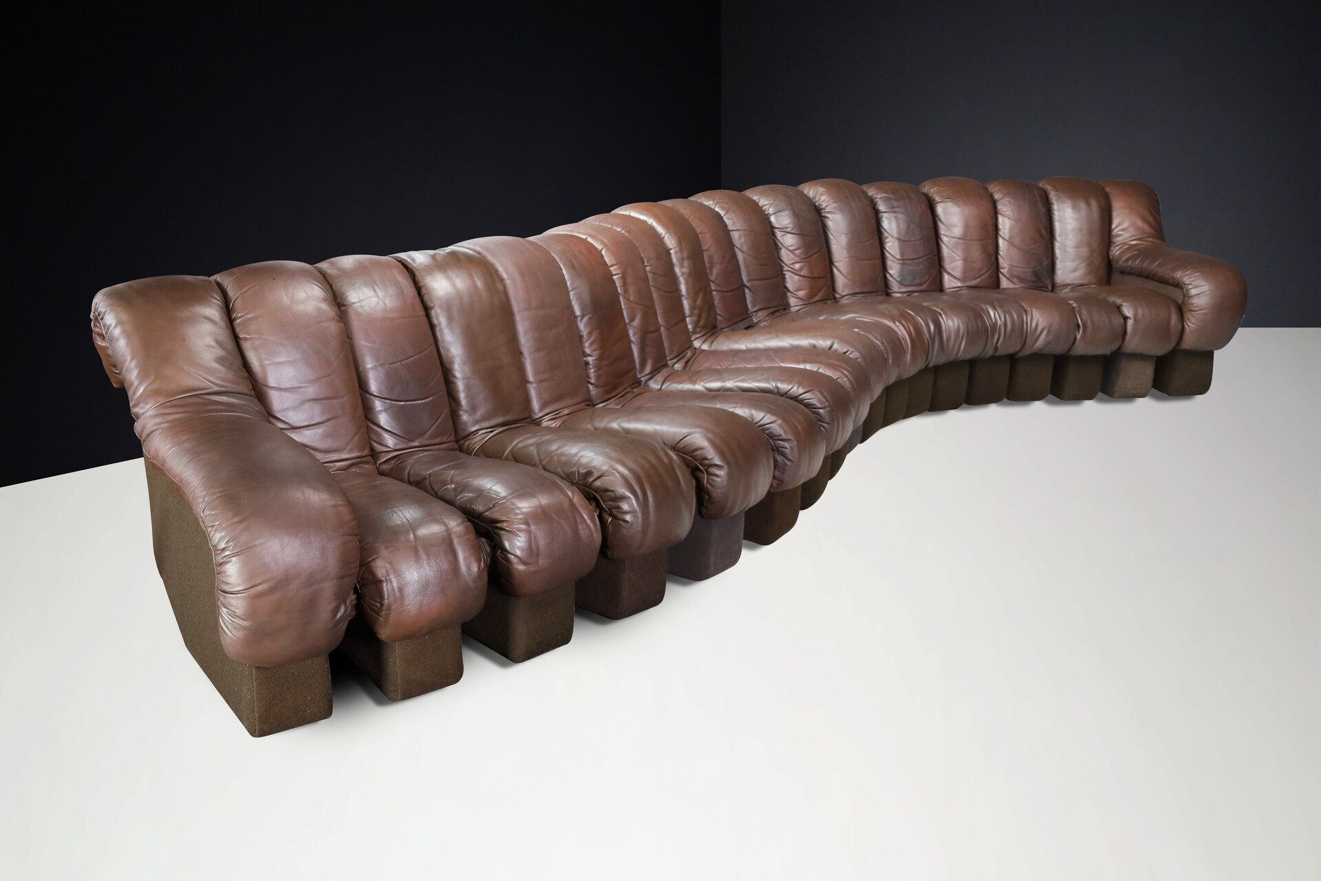 Mid century modern De Sede DS 600 'Snake' Sectional Sofa in Patinated Brown Leather by Ueli Berger Switzerland 1972 Late-20th century