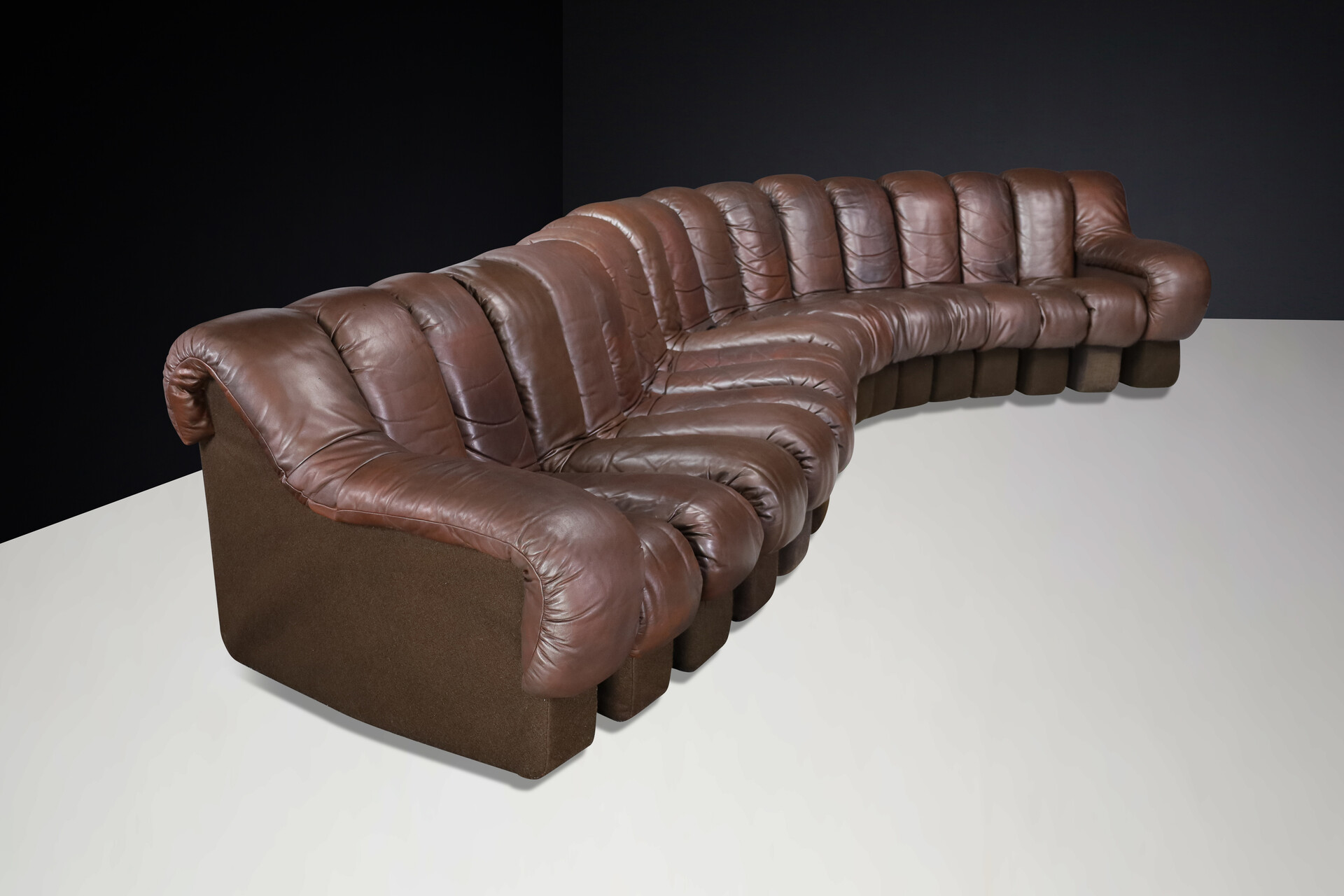 Mid century modern De Sede DS 600 'Snake' Sectional Sofa in Patinated Brown Leather by Ueli Berger Switzerland 1972 Late-20th century