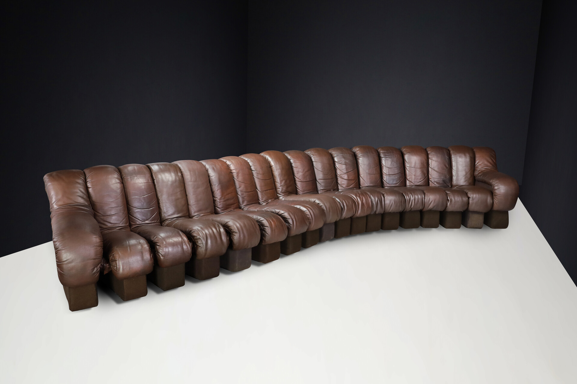 Mid century modern De Sede DS 600 'Snake' Sectional Sofa in Patinated Brown Leather by Ueli Berger Switzerland 1972 Late-20th century