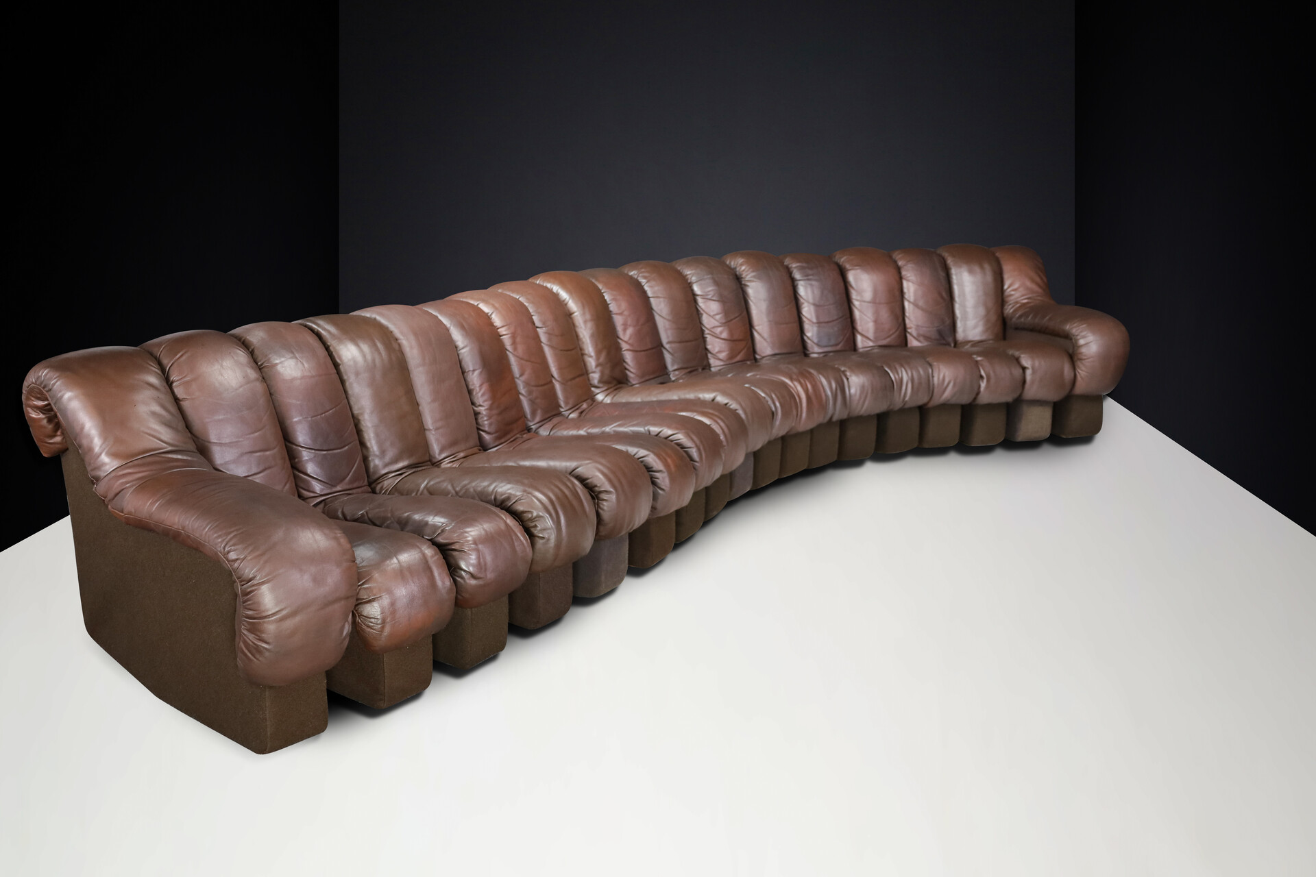 Mid century modern De Sede DS 600 'Snake' Sectional Sofa in Patinated Brown Leather by Ueli Berger Switzerland 1972 Late-20th century