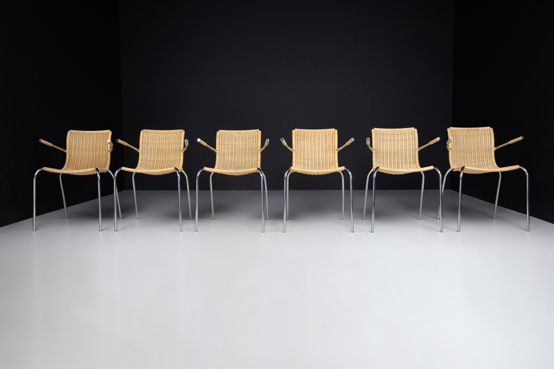Mid century modern Dutch design armchairs in wicker and chrome , The Netherlands 1960s Mid-20th century